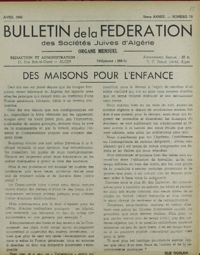 Bulletin de la Fédération des sociétés juives d’Algérie  V°09 N°79 (01/04/1942)